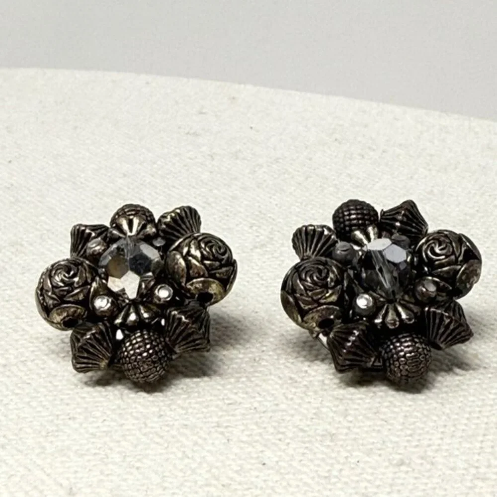 Vintage‎ Bead Cluster Earrings Silver Gray Clip-On Retro Dark Classic